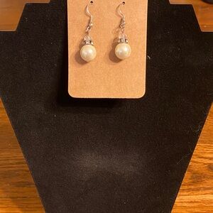 Handmade White Faux Pearl Dangle Drop Earrings Silver Rhinestone NWT
